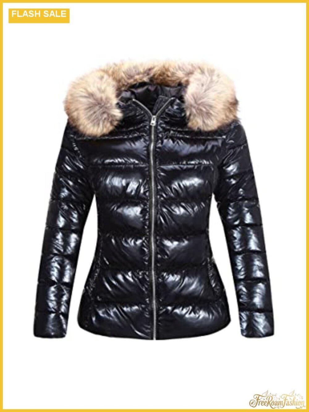 Quilted Puffer Jacket Slim Fit Hooded Winter Coat Faux Fur Collar Windproof